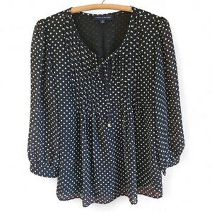 Tommy Hilfiger Black & White Polka Dot Blouse Pintuck Front & Tie Neck Small